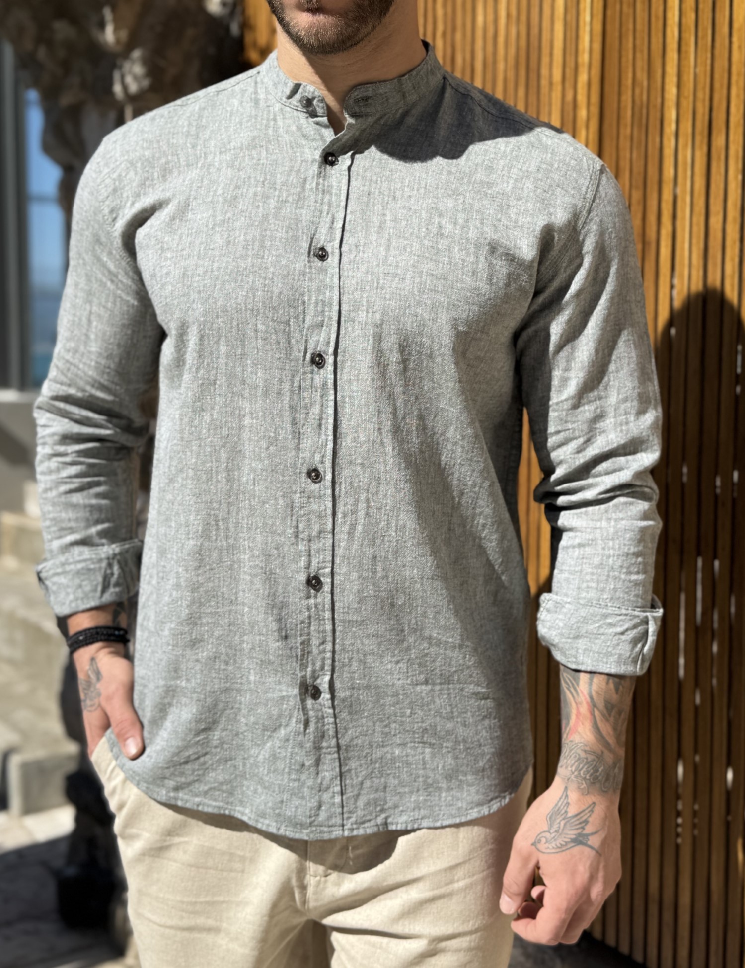 Ανδρικό λινό χακί πουκάμισο με μάο γιακά 9663X